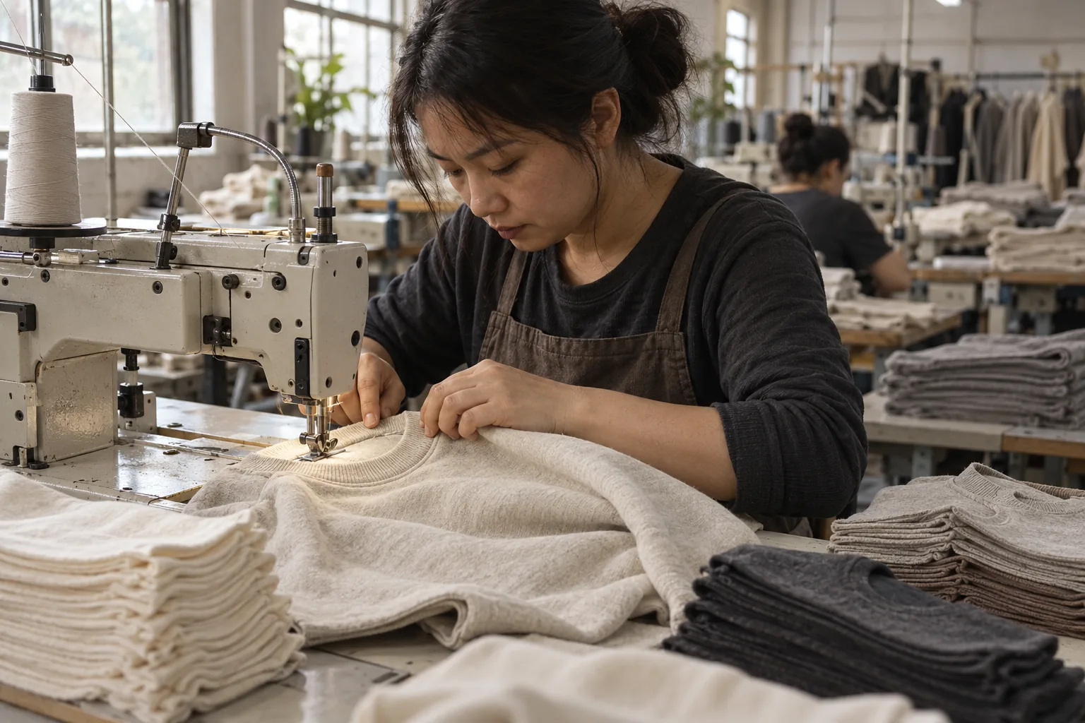 Photorealistic apparel factory documentary photograph of an operator sewing the neckline of an unbranded heavyweight cot