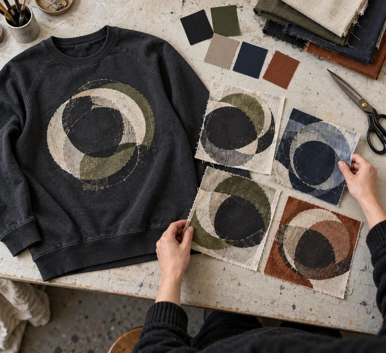 Print trials arranged beside a sweatshirt sample on a development table