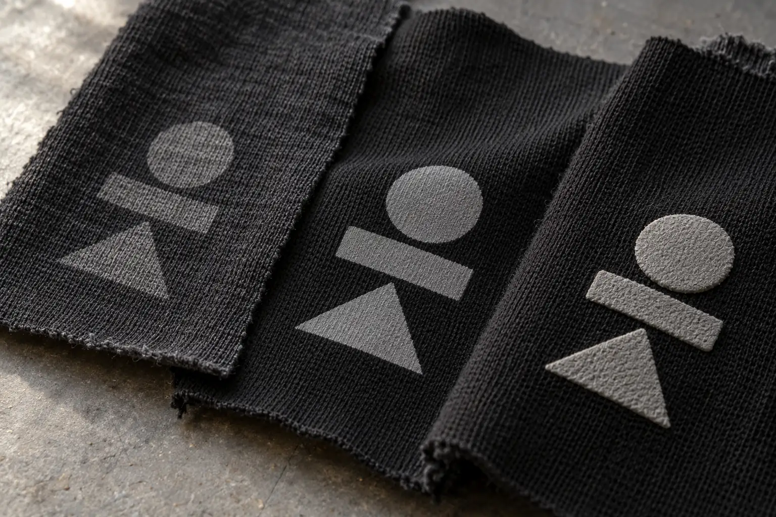 Close view of printed fabric swatches showing different surface textures