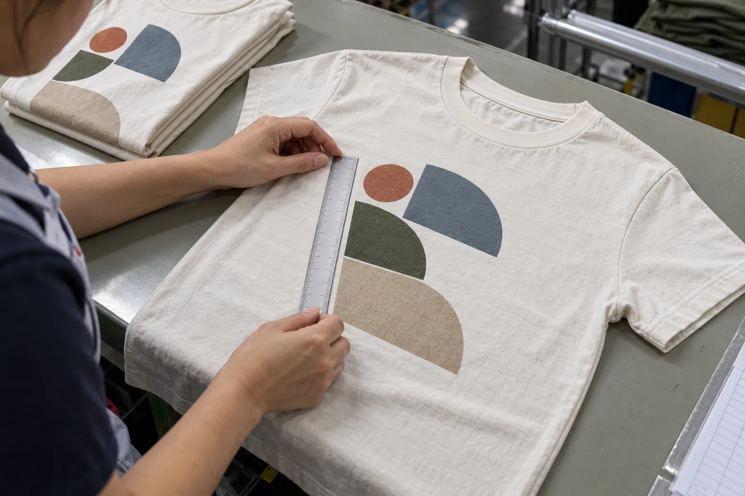 Quality inspector measuring a printed garment laid flat on an inspection table