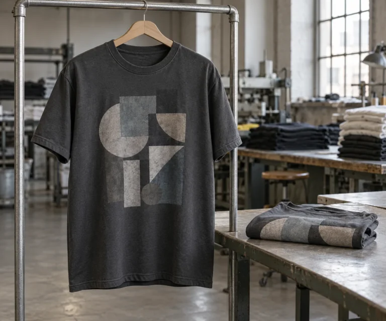 Photorealistic apparel factory documentary photograph of a finished charcoal cotton T-shirt hanging on a plain rack besi