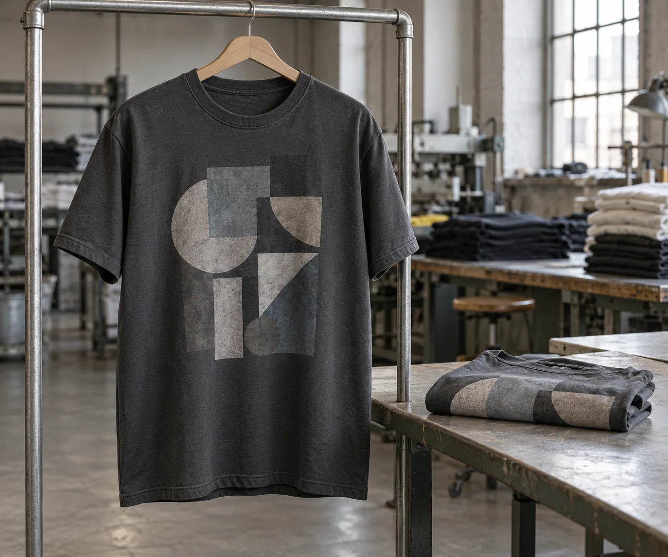 Photorealistic apparel factory documentary photograph of a finished charcoal cotton T-shirt hanging on a plain rack besi