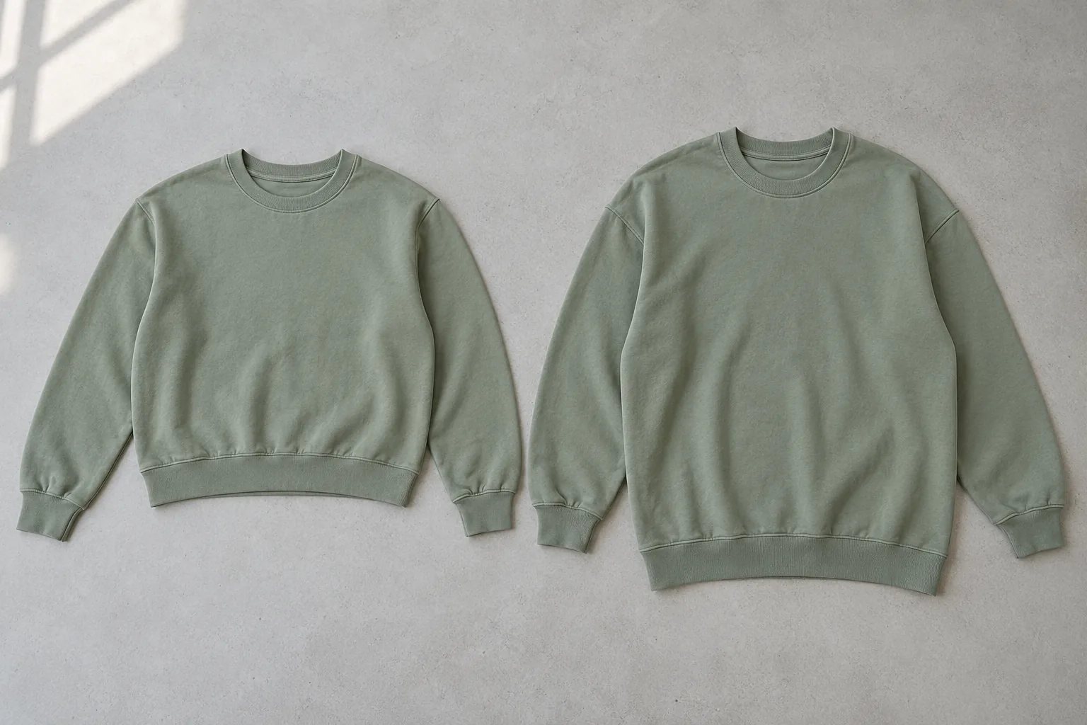 Boxy and oversized sweatshirts laid flat for a proportion comparison