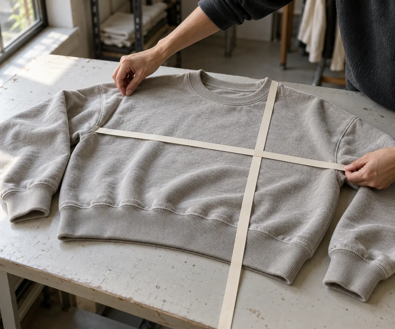 Technician checking body length and chest width on a sweatshirt sample