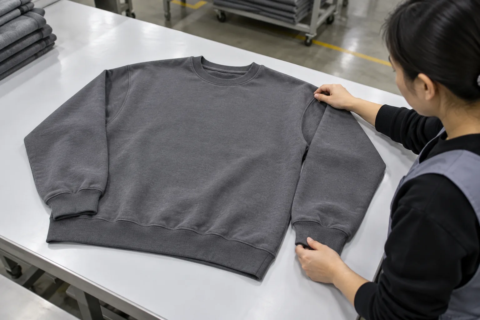 Garment quality inspector comparing sweatshirt proportions on a flat inspection table