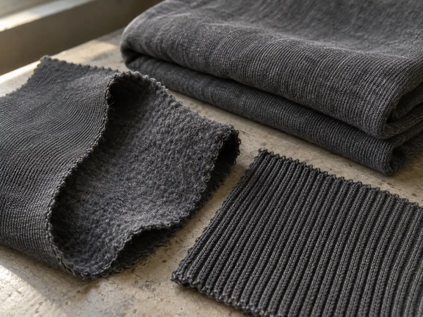 Photorealistic macro documentary photograph of cotton fleece and matching rib knit fabric swatches resting beside a fold