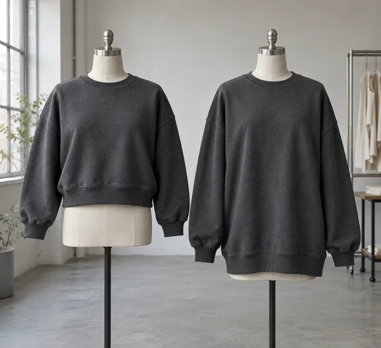 Photorealistic apparel documentary photograph of two finished unbranded charcoal crewneck sweatshirts on adjacent plain