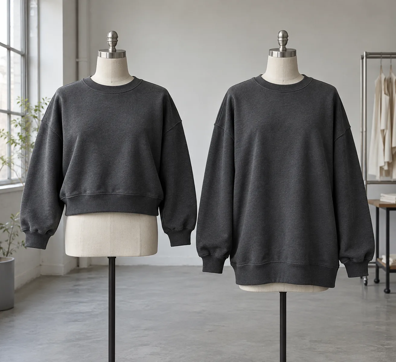 Photorealistic apparel documentary photograph of two finished unbranded charcoal crewneck sweatshirts on adjacent plain