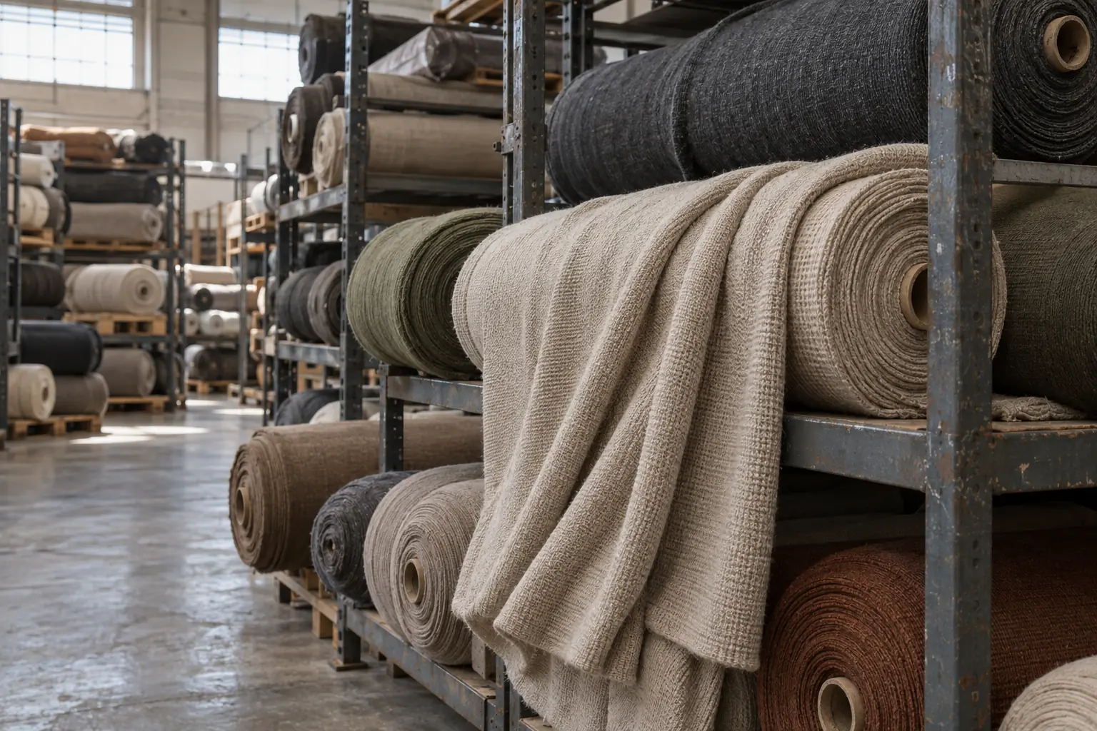 Sweatshirt fabric swatches arranged beside small garment stacks by color