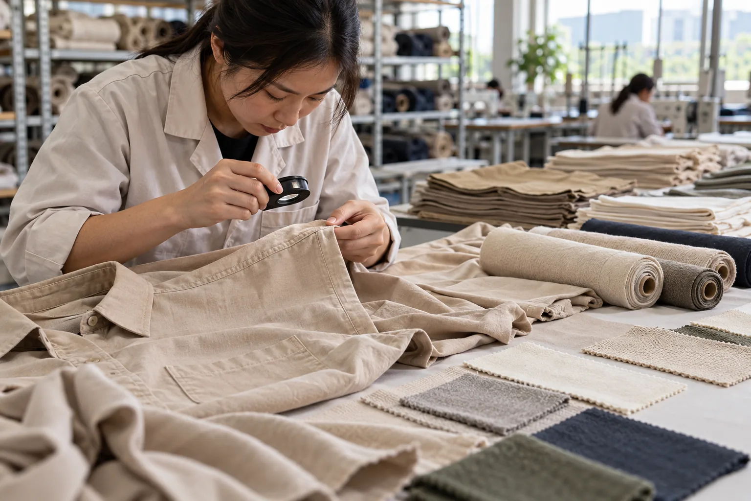 Fabric being weighed beside folded cut panels on a production table
