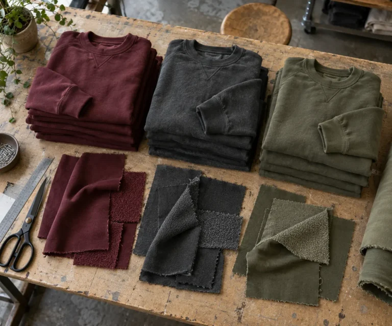 Photorealistic apparel development studio documentary photograph, overhead view of burgundy charcoal and muted olive swe