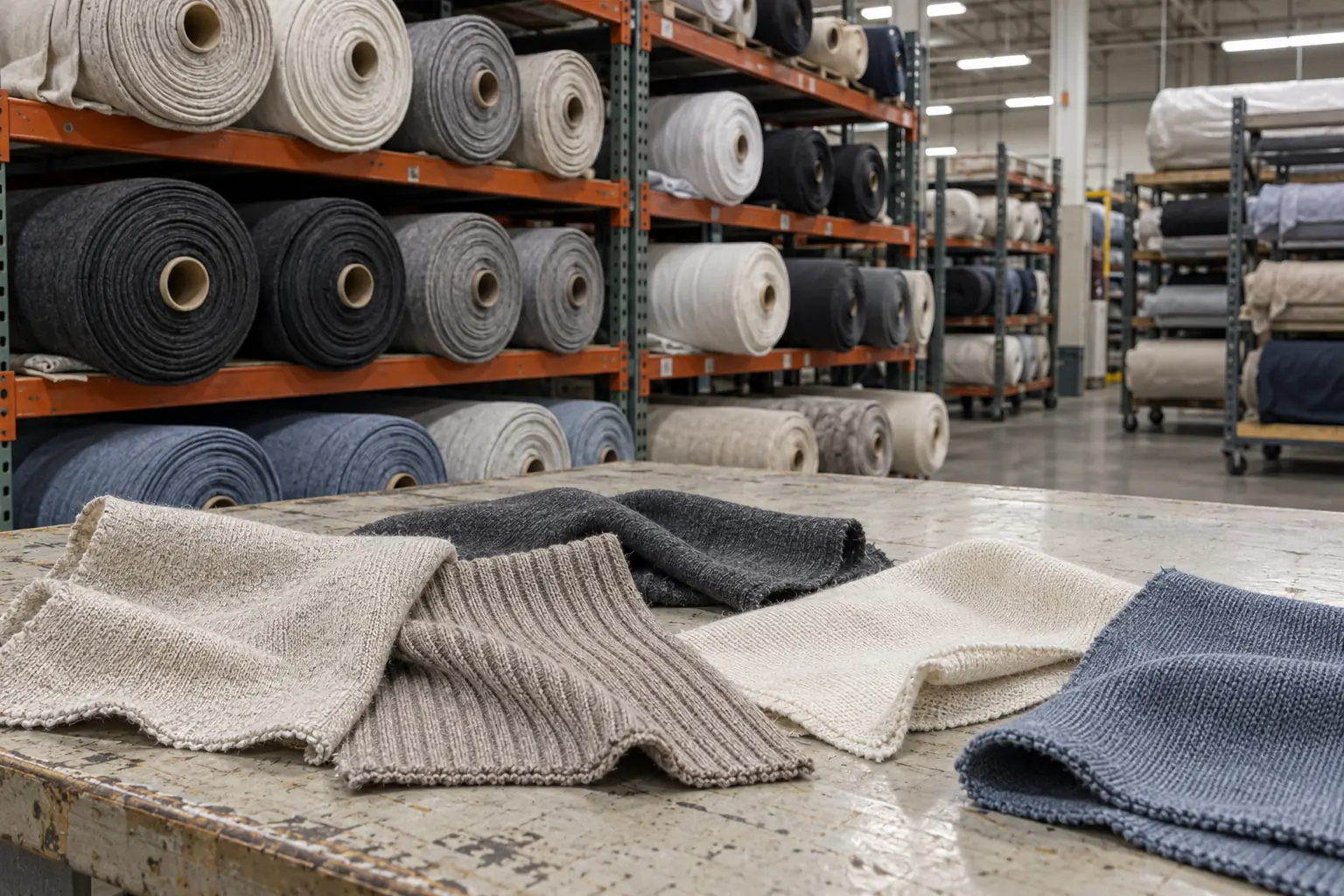 Stock fabric rolls beside small swatches of different constructions