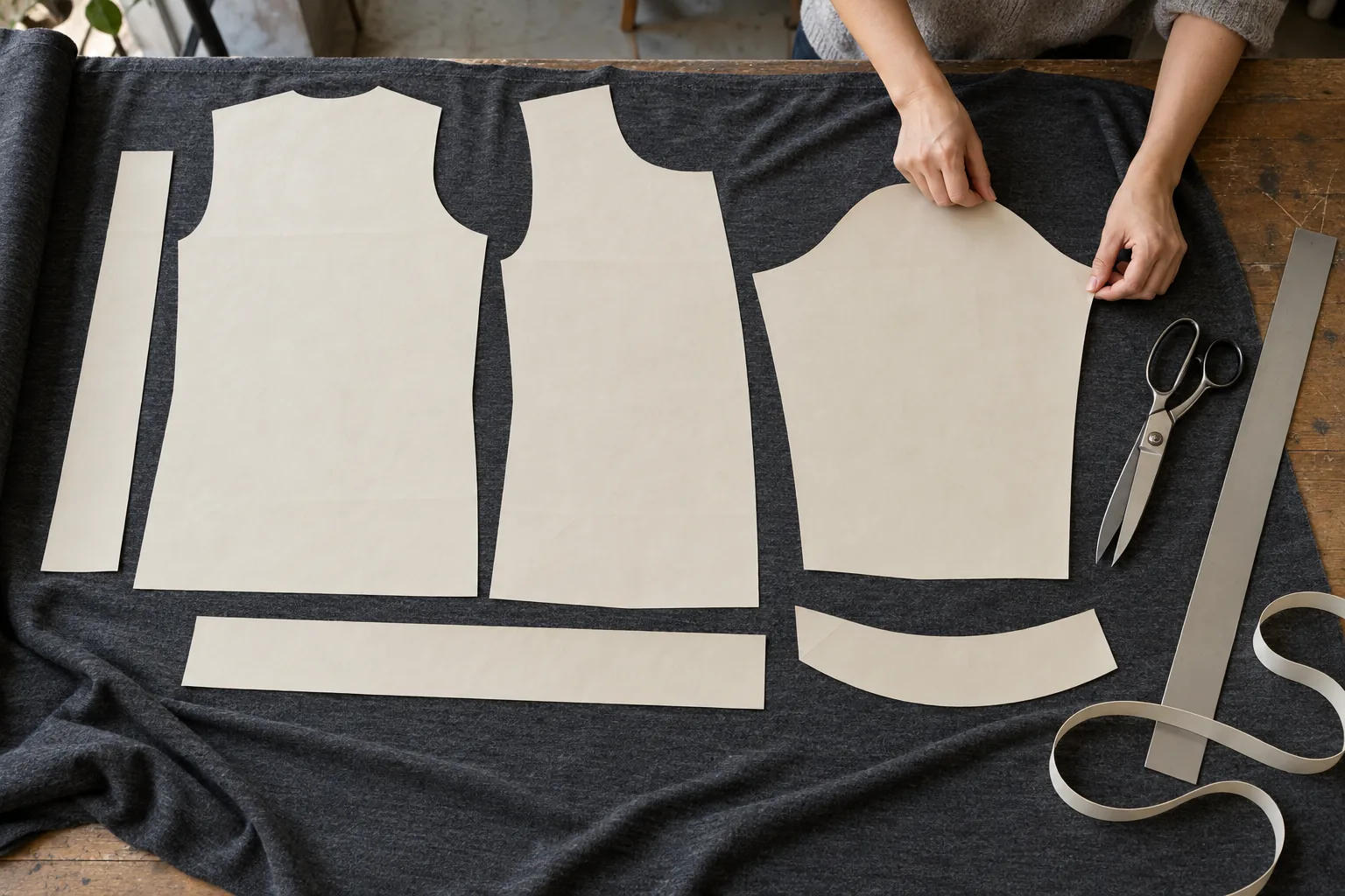 Sampling table with garment patterns arranged on stock jersey
