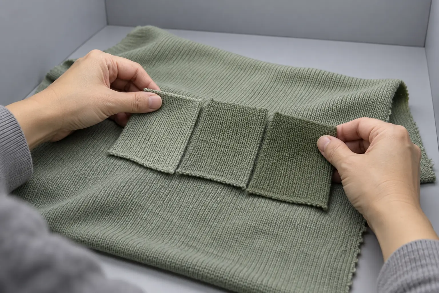 Fabric shade samples and bulk swatches being compared under inspection lighting