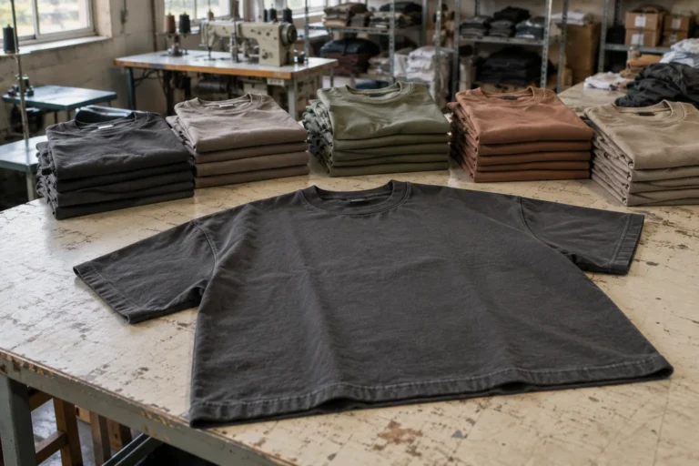 Photorealistic apparel production documentary photograph of finished boxy tees in charcoal and muted earth tones folded