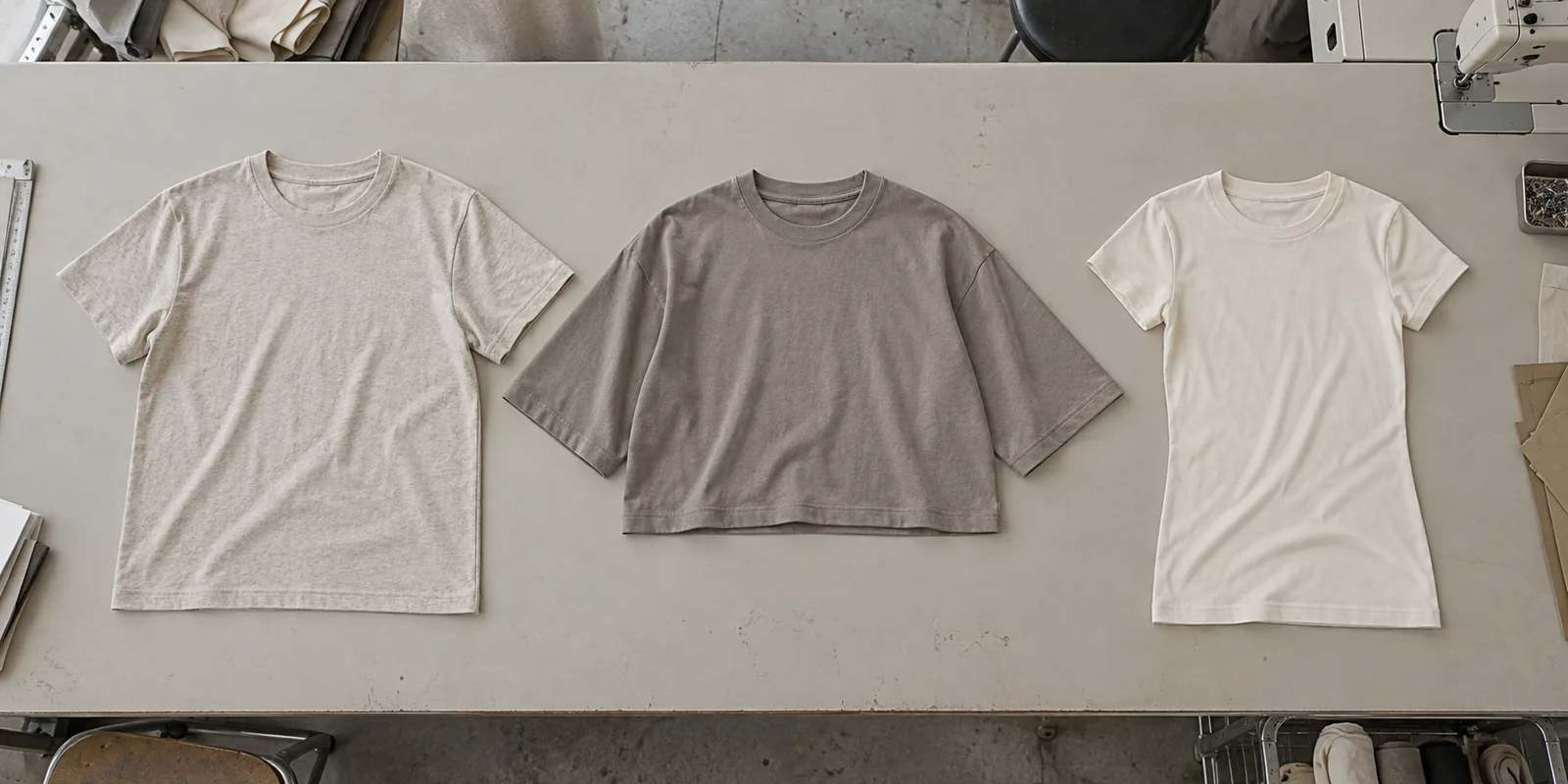 Unbranded jersey garments and silhouette samples arranged on a development table