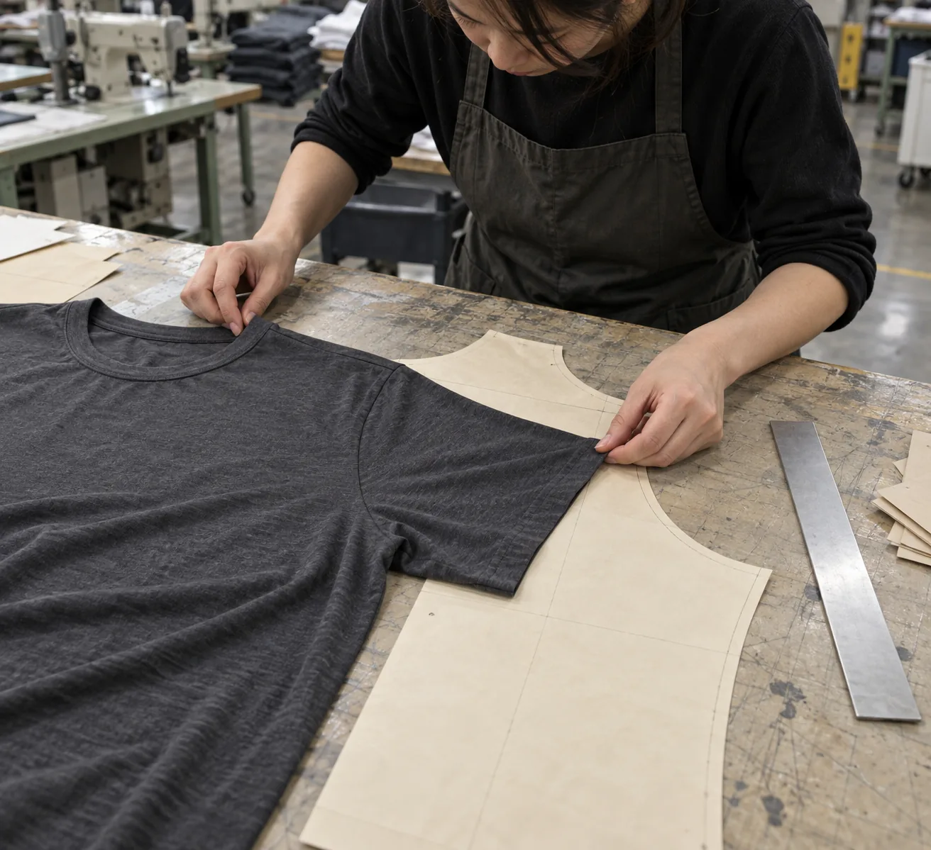 Technician comparing a plain T-shirt sample with a paper pattern at a sampling table