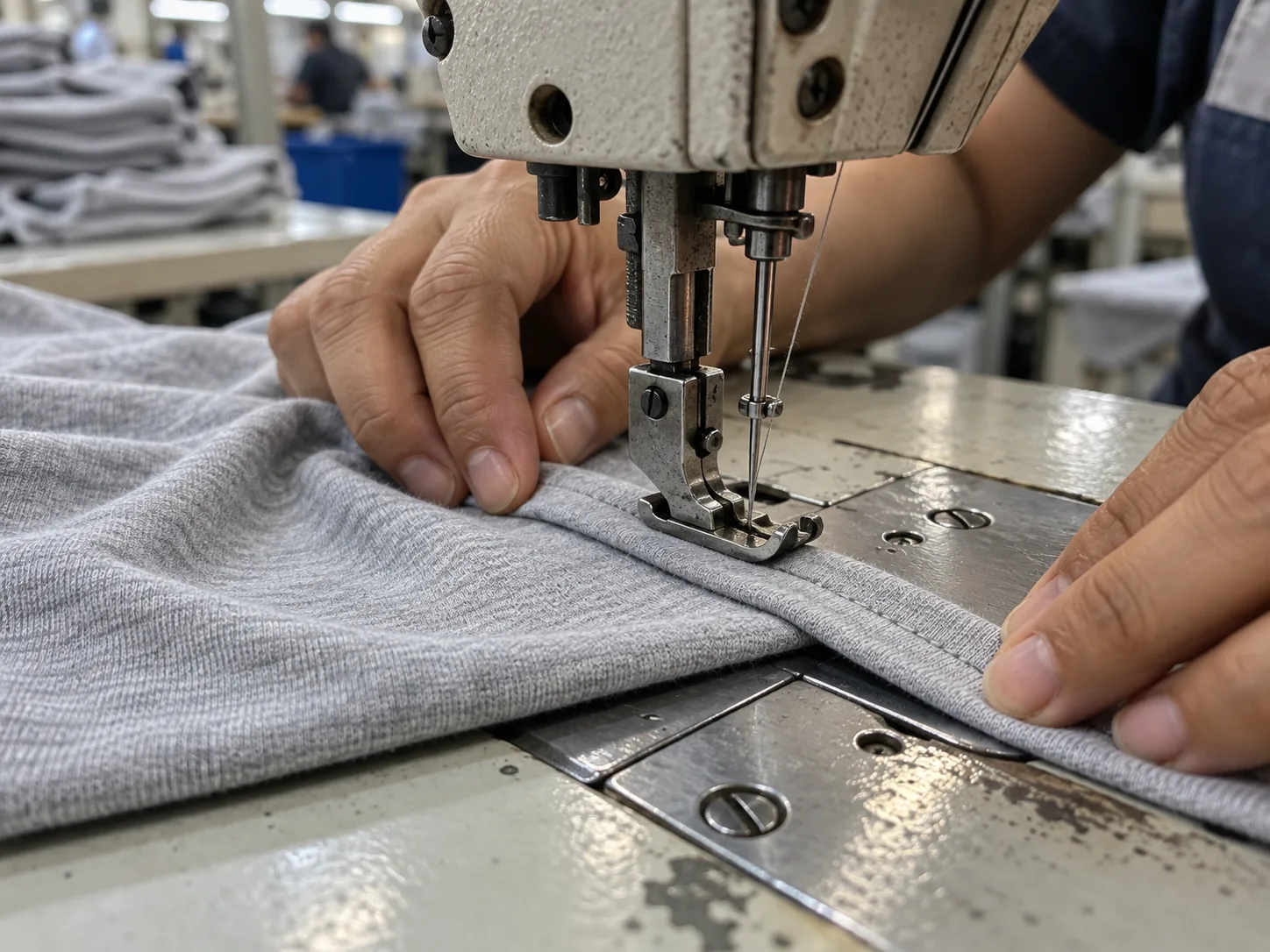 Close view of an operator sewing a clean hem on an unbranded jersey garment