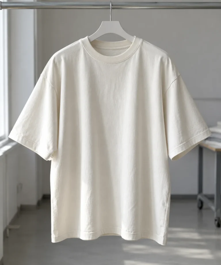 Photorealistic garment documentary photograph of a finished unbranded cream jersey T-shirt hanging naturally on a simple