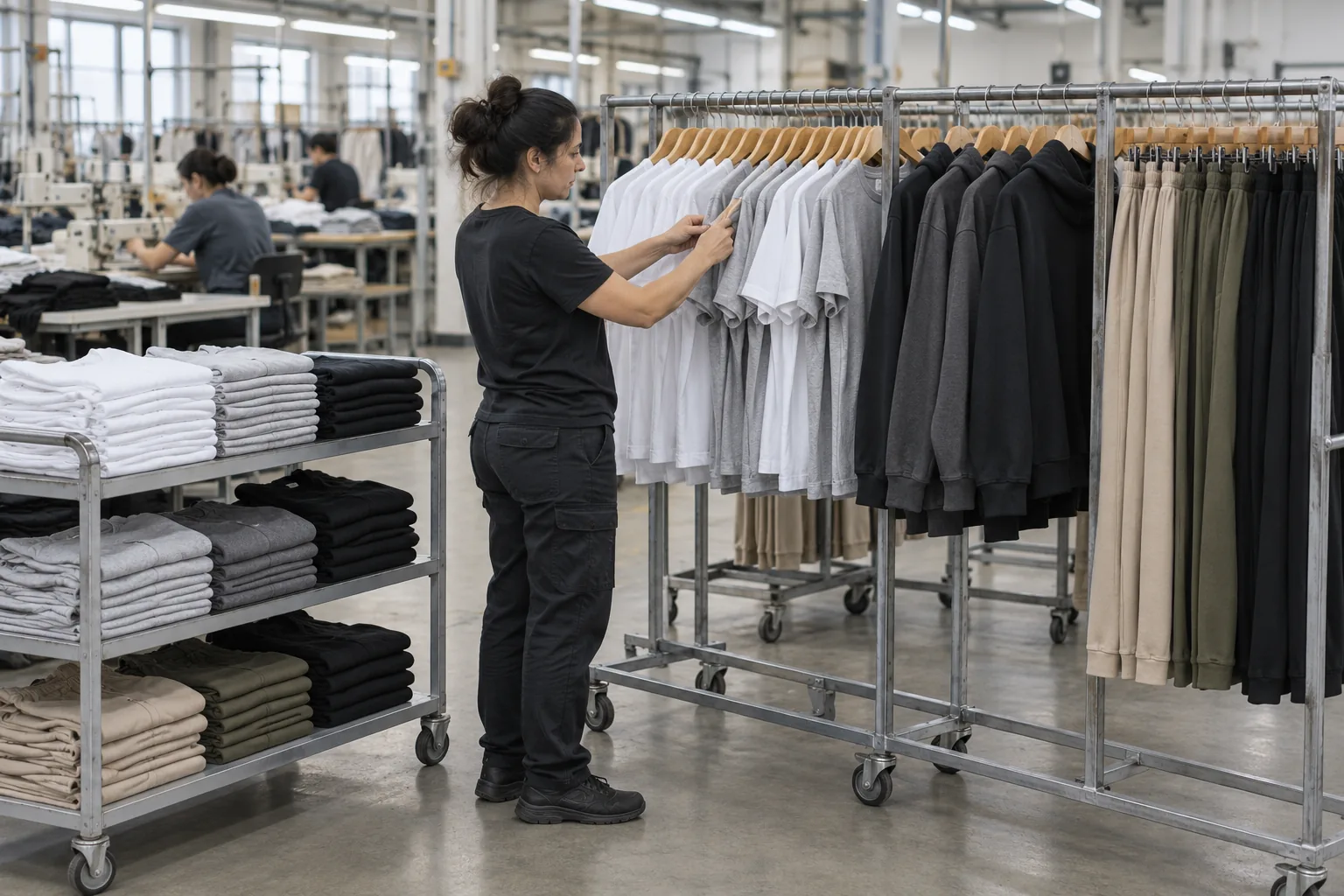 Finished apparel styles arranged for a product scope review