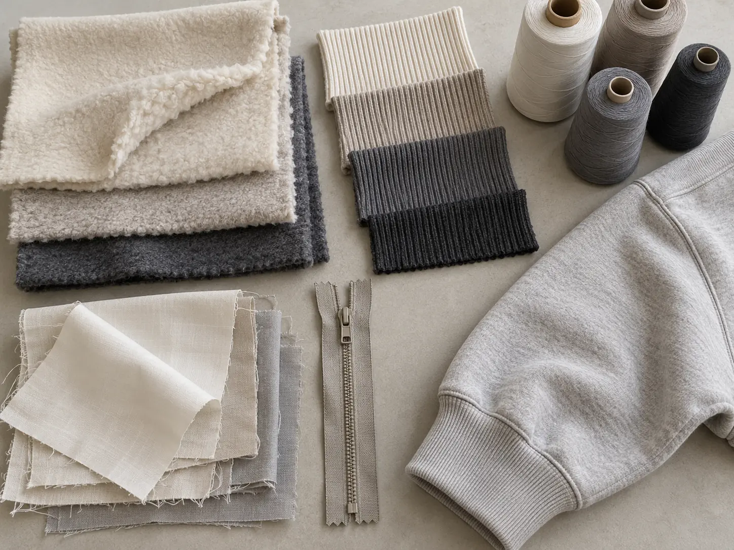 Fabric swatches and garment components organized on a sampling table