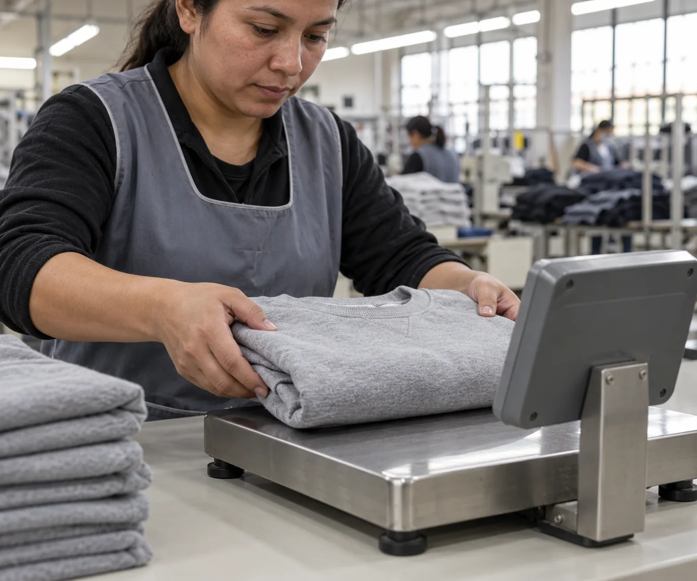 Quality inspector weighing a folded sample garment on a bench scale