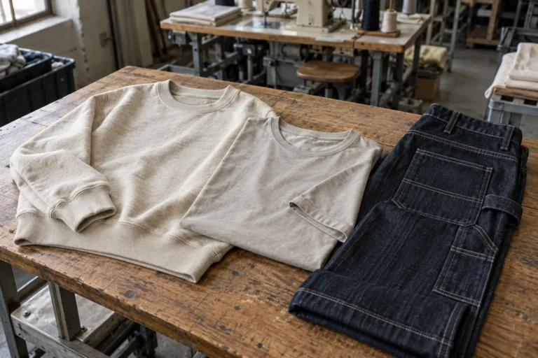 Photorealistic apparel factory documentary photograph of a workbench with a finished neutral cotton sweatshirt, jersey t