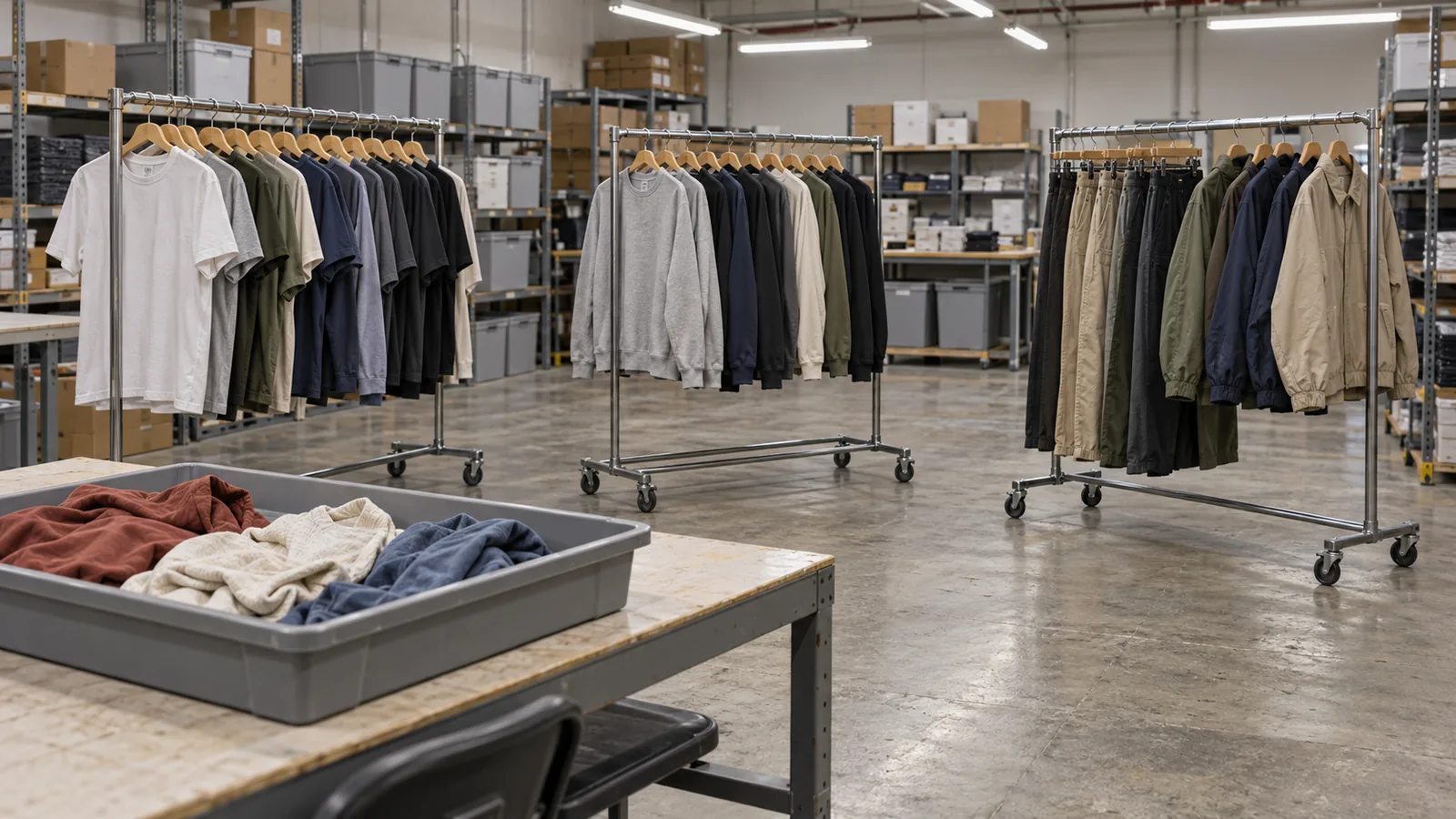 Finished garments separated into distinct inventory groups on warehouse racks