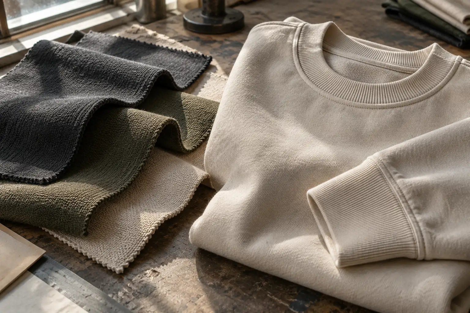 Different fabric color options arranged beside a single approved garment sample