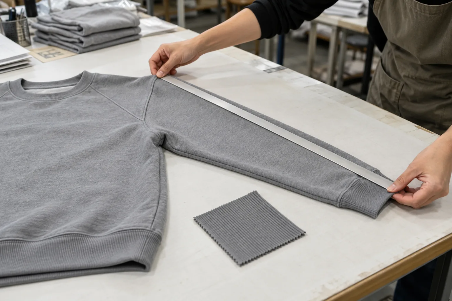 Technician measuring a sweatshirt sleeve and comparing rib fabric at a sampling table