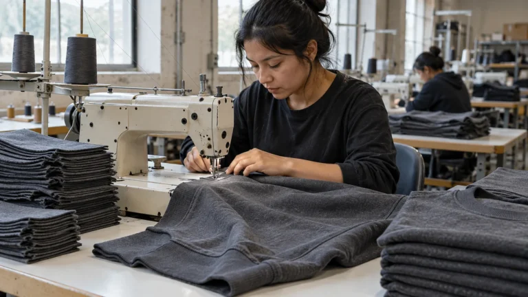 Photorealistic apparel factory documentary photograph, sewing operator assembling a plain charcoal sweatshirt at an indu