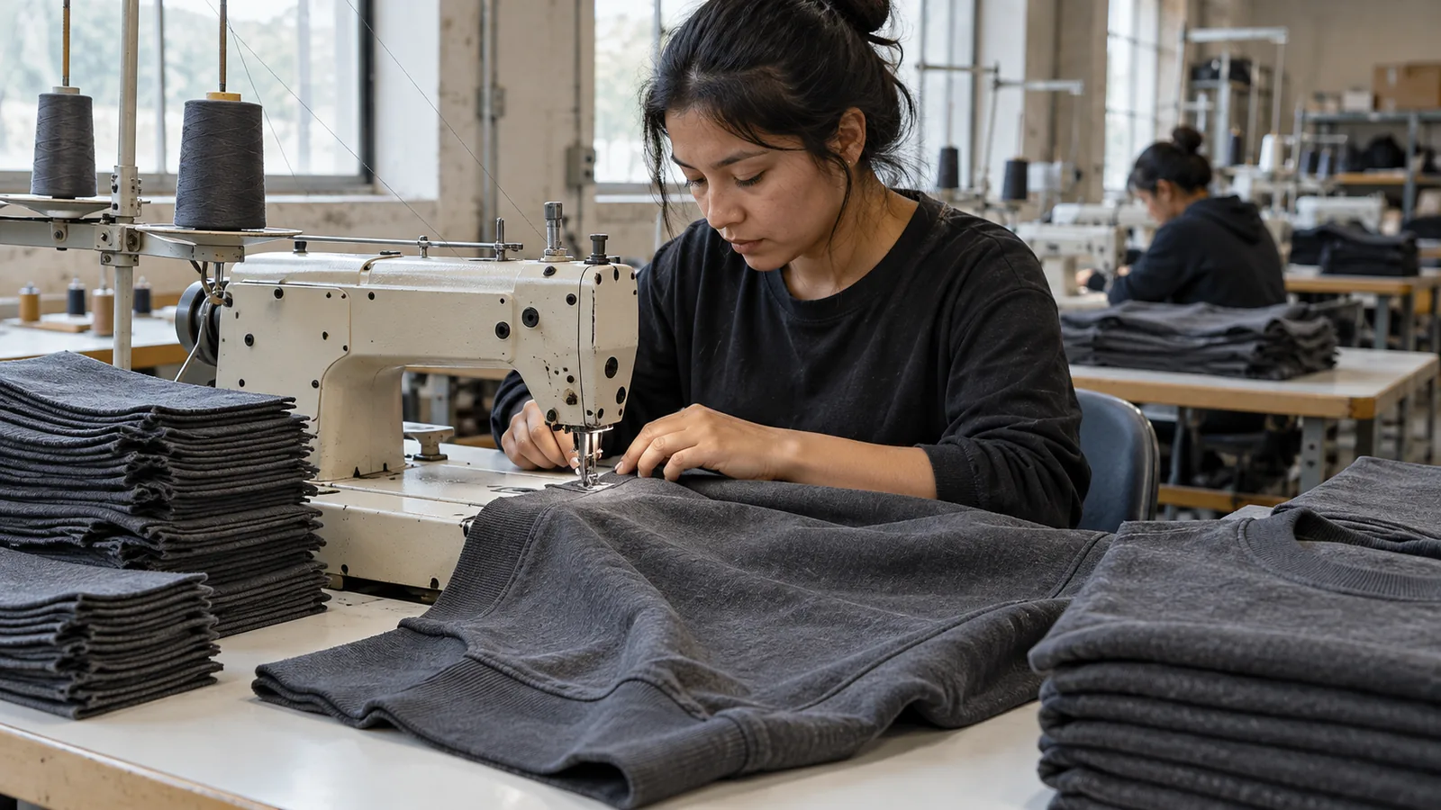 Photorealistic apparel factory documentary photograph, sewing operator assembling a plain charcoal sweatshirt at an indu