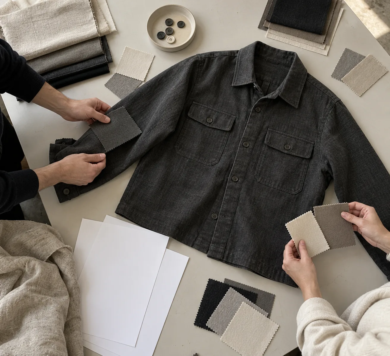 Garment samples and fabric references arranged for an approval review