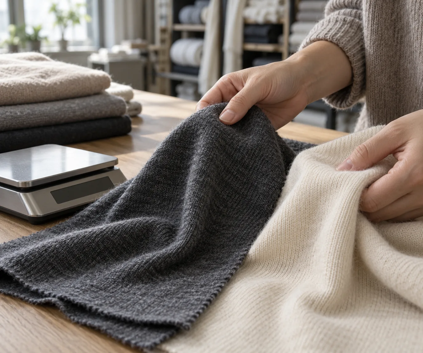 Brushed jersey swatches compared for surface texture and weight
