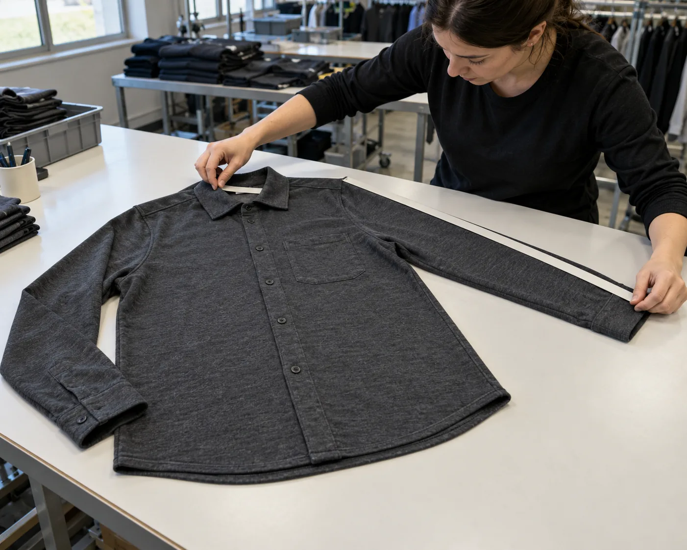 Overshirt sample measured flat beside a construction reference