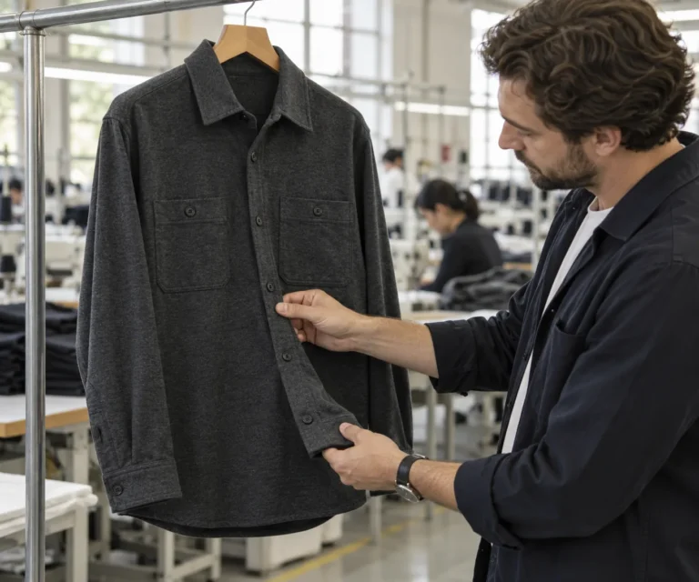 Photorealistic apparel manufacturing documentary photograph of a finished charcoal brushed jersey overshirt hanging on a