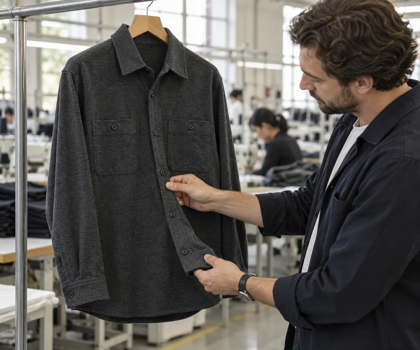 Photorealistic apparel manufacturing documentary photograph of a finished charcoal brushed jersey overshirt hanging on a