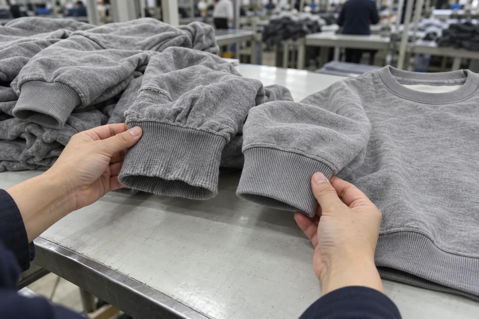 Returned sweatshirts arranged for comparison with a retained production garment