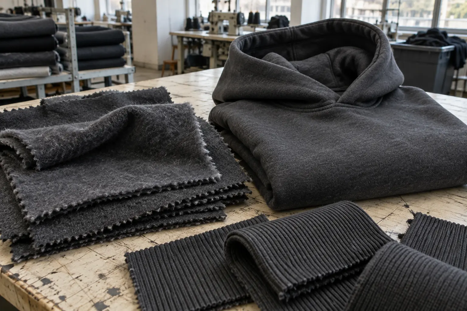 Fabric swatches and matching rib laid beside an existing hoodie