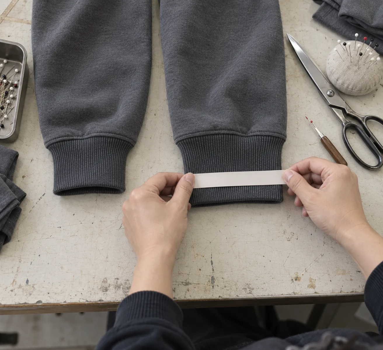 Technician measuring a sleeve cuff on a sampling table