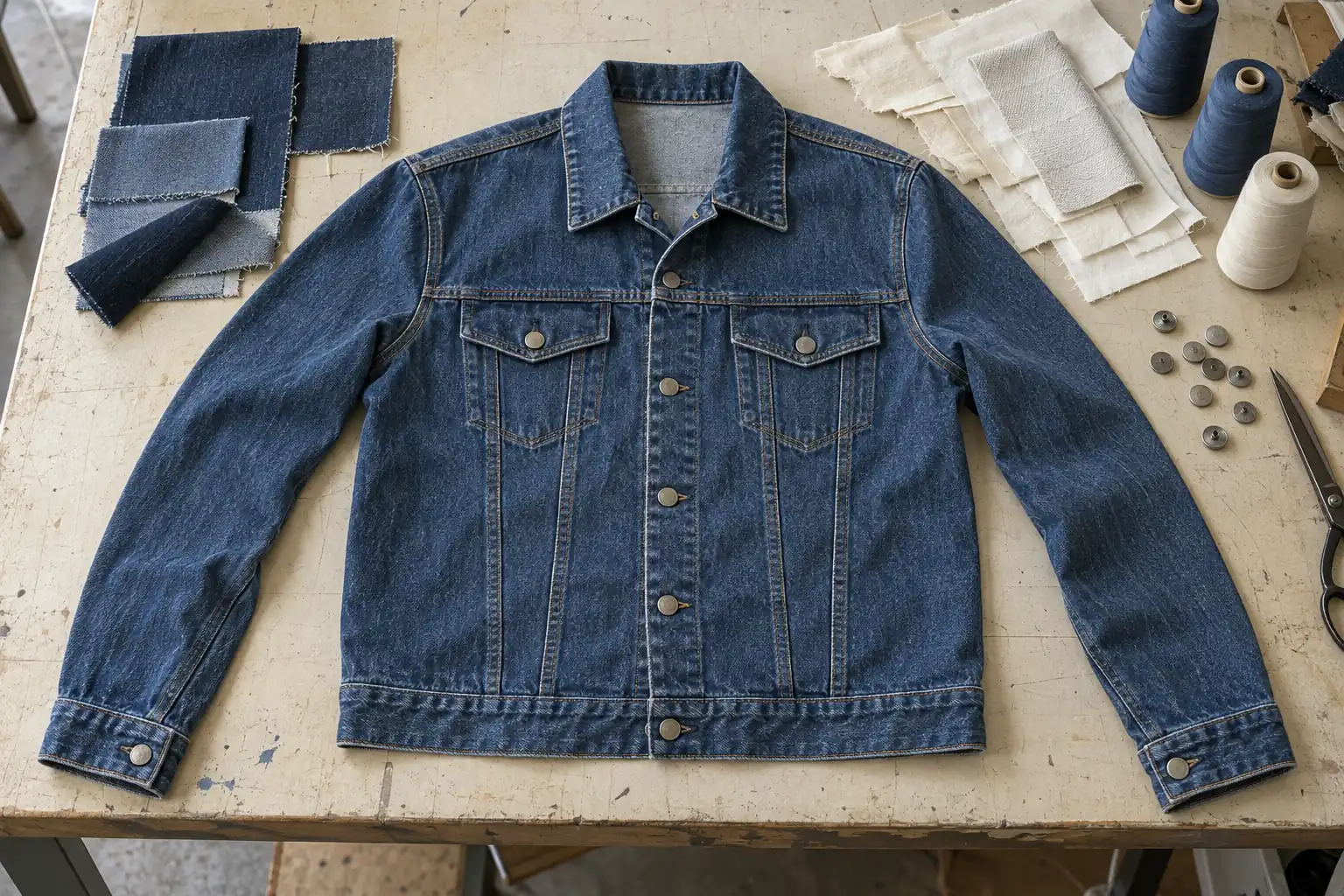 Denim jacket sample and matching component swatches arranged on a development table