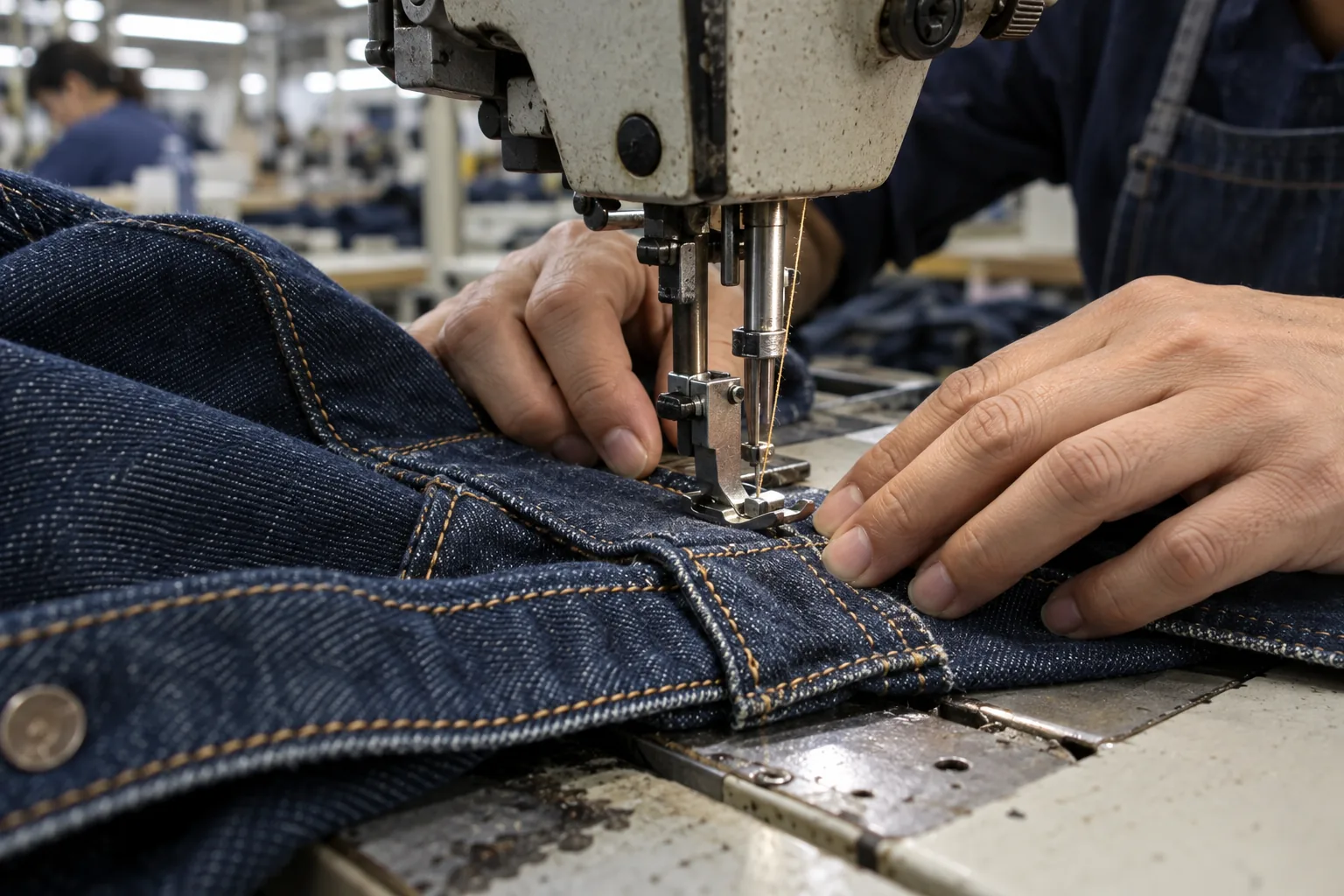 Operator sewing the thick waistband seam of an indigo denim jacket