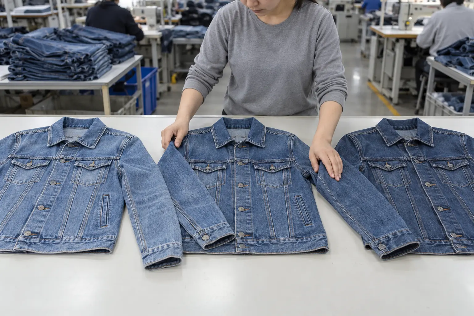 Inspector comparing washed denim jackets under consistent inspection lighting