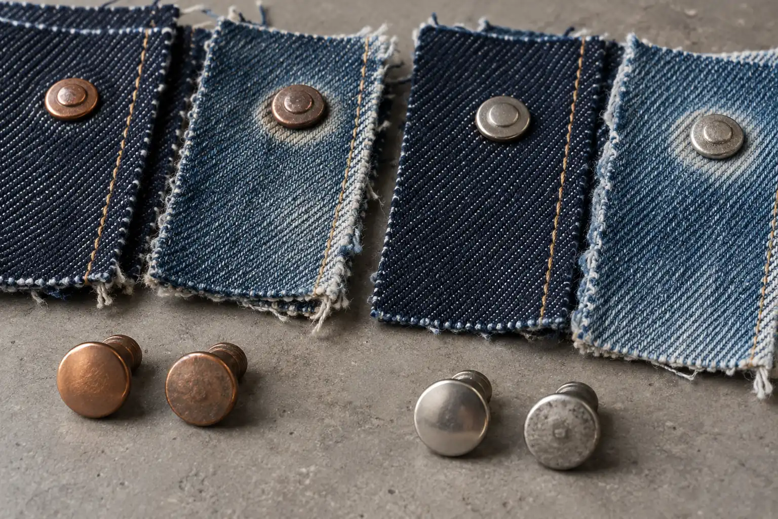 Denim swatches beside unwashed and washed metal hardware samples