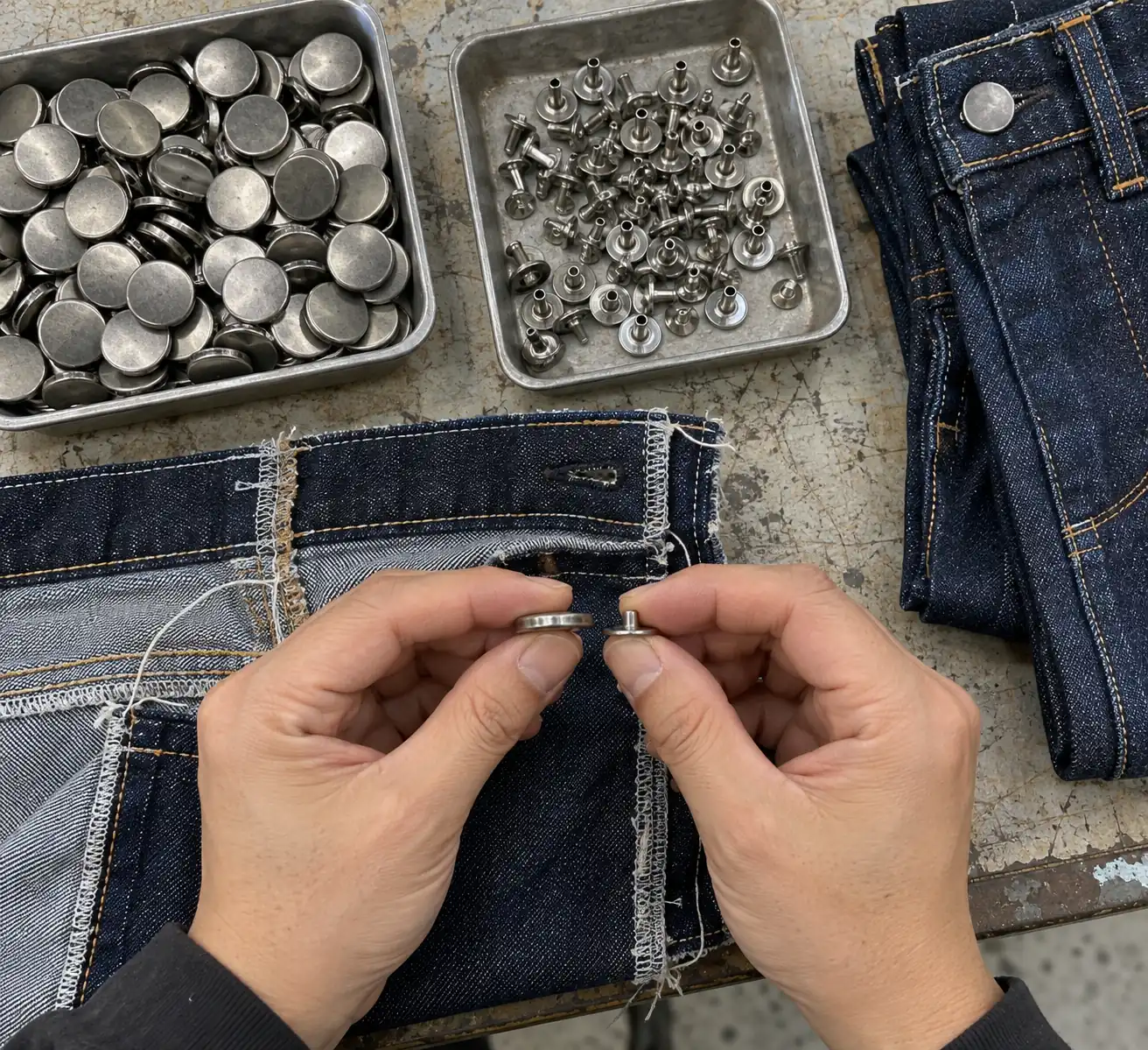Sample jeans and separated hardware components on a development table