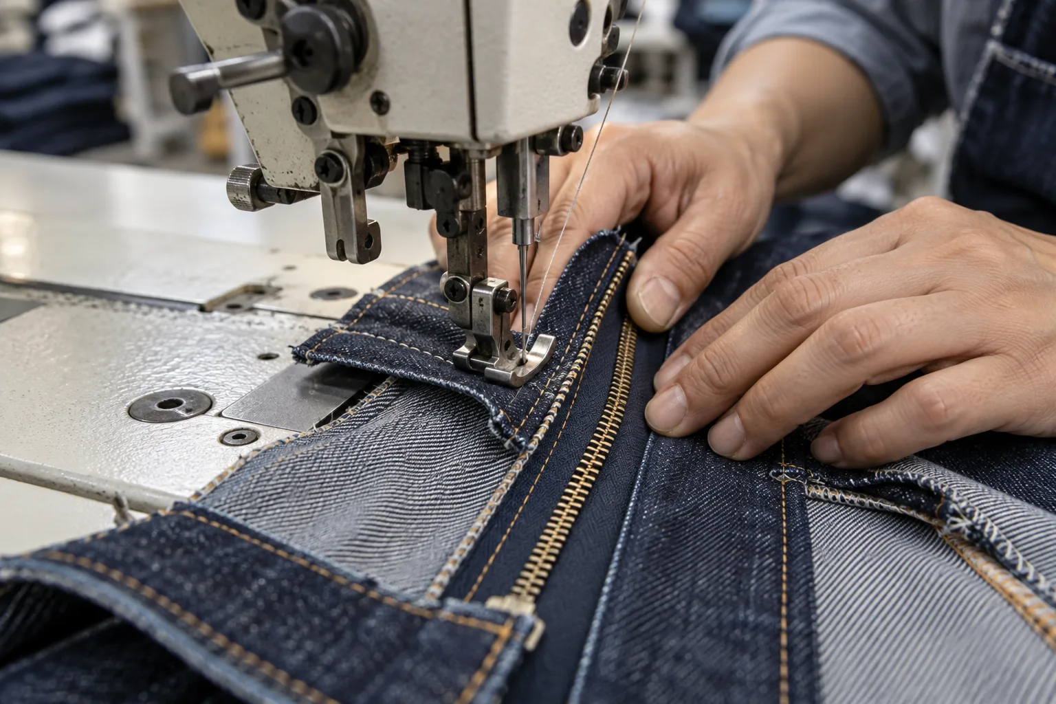 Operator sewing a zipper into a denim fly sample