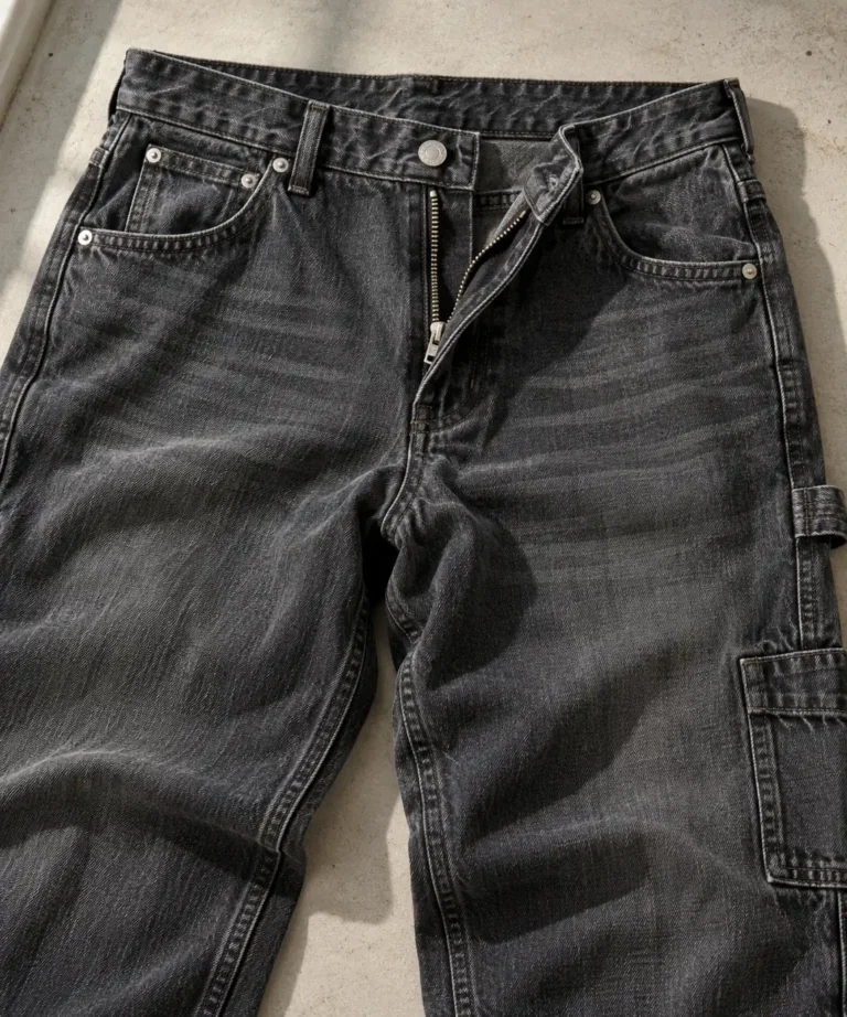 Photorealistic apparel documentary photograph of finished charcoal denim carpenter jeans laid on a clean inspection benc