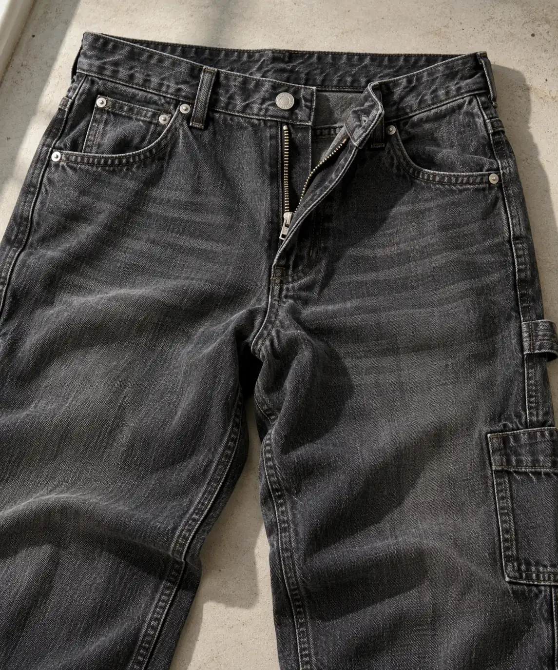 Photorealistic apparel documentary photograph of finished charcoal denim carpenter jeans laid on a clean inspection benc
