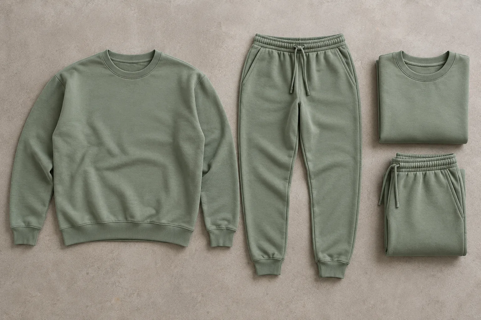 Sweatshirt and jogger components arranged beside a complete folded outfit