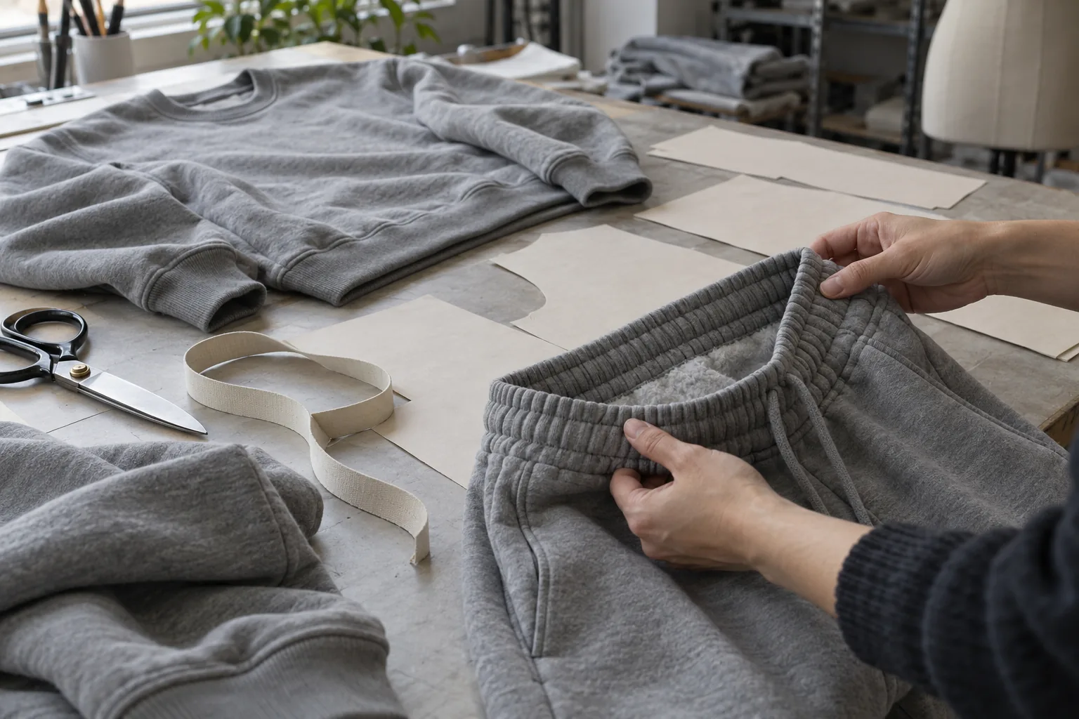 Sample sweatshirt and joggers laid out with pattern pieces on a sampling table